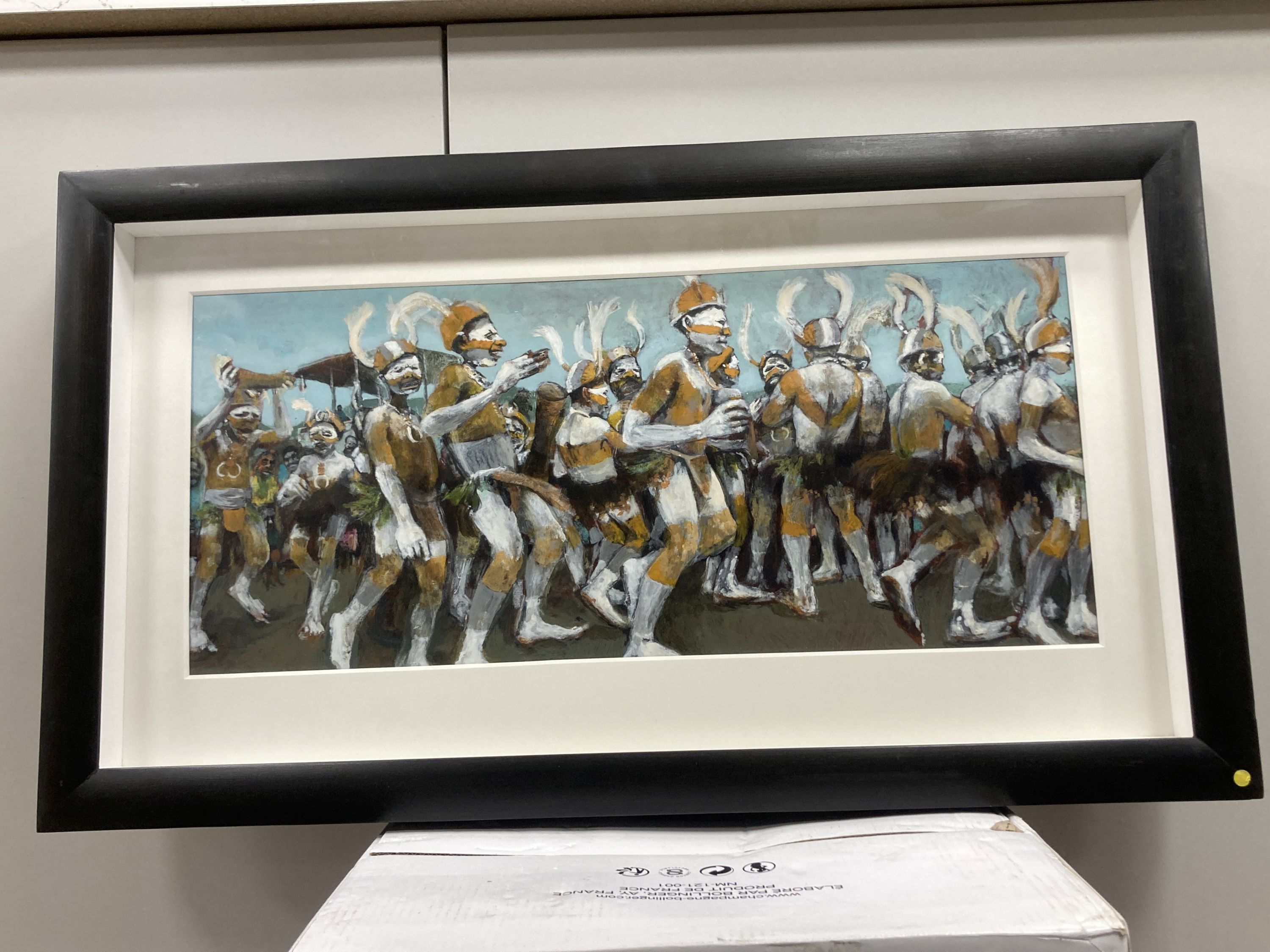 Akash Bhatt (1972-), mixed media on board, Musik Rikwest, inscribed verso and dated 2004/05, 20 x 49cm